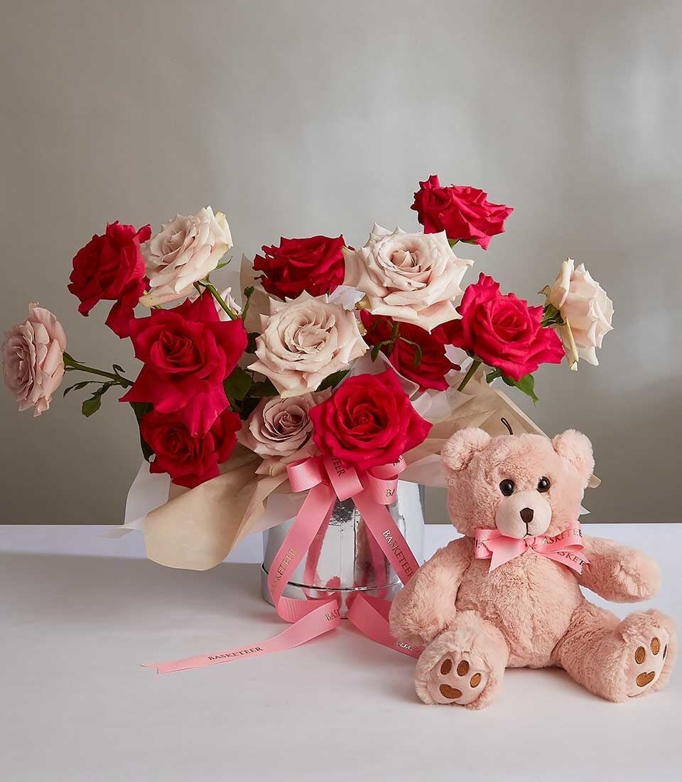 Romantic Rose Arrangement with Plush Bear