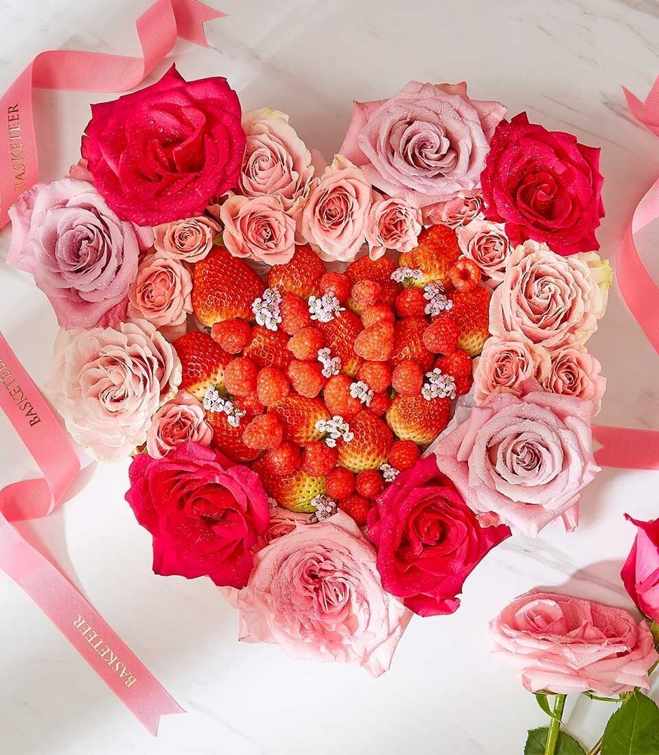 Heart-Shaped Strawberry and Rose Arrangement