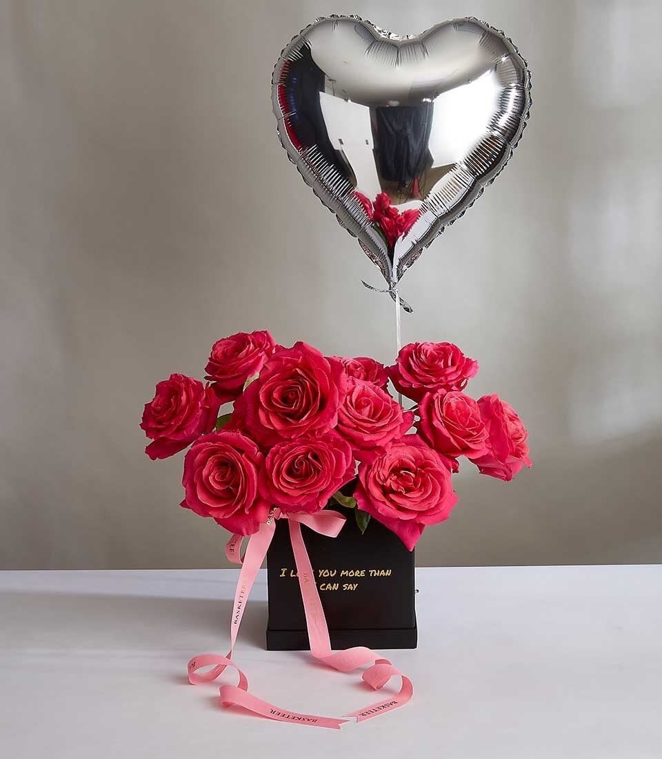 Romantic Pink Rose Box with Heart Balloon