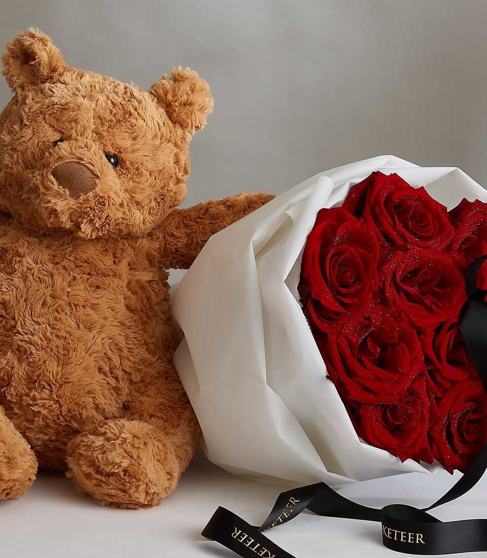 Red Explorer Roses & Teddy Gift