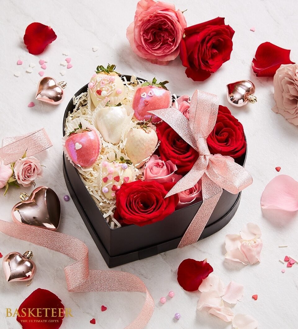 Chocolate Covered Strawberry And Red Rose Box