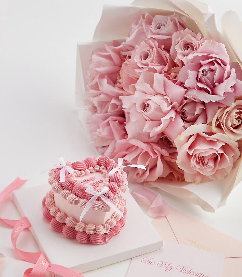 Pink Bloom Bouquet & Sweetheart Cake Set
