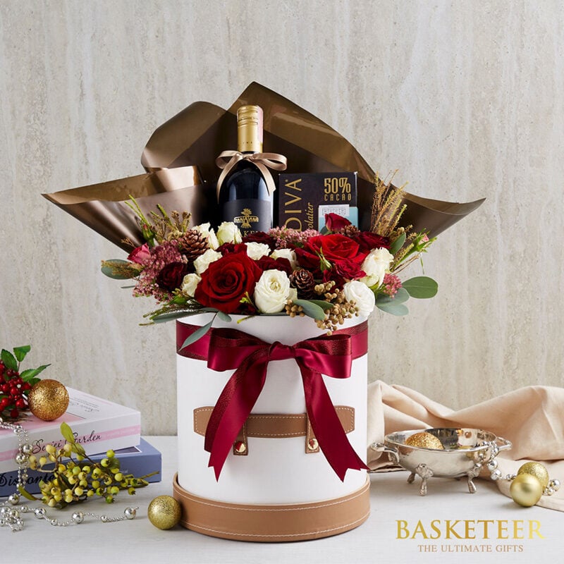 Classic Wine & Premium Chocolate With Flowers Basket