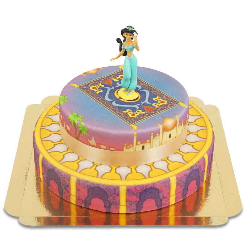 Princess Jasmine on two-story carpet over palace cake