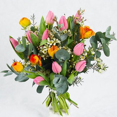 Send the bouquet Colorful tulips as a flower bud