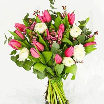 Send the bouquet of pink tulips as a flower bud