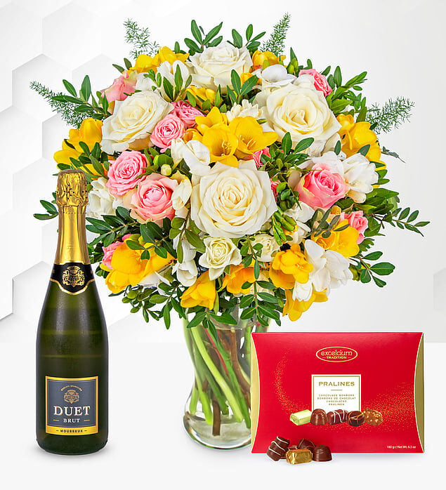 Rose and Freesia with Fizz & Chocolates (Standard)