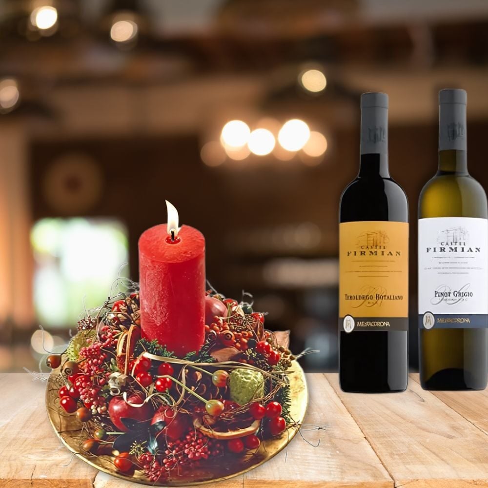 Christmas arrangement Cozy days + Bottle of red and white wine