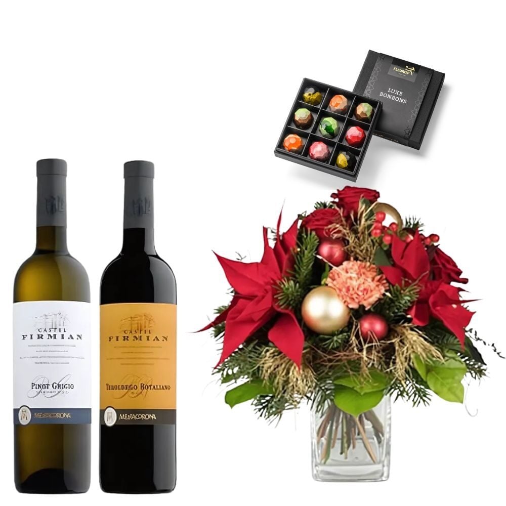Centerpiece Glowing Christmas, Red & White Wine + Chocolates