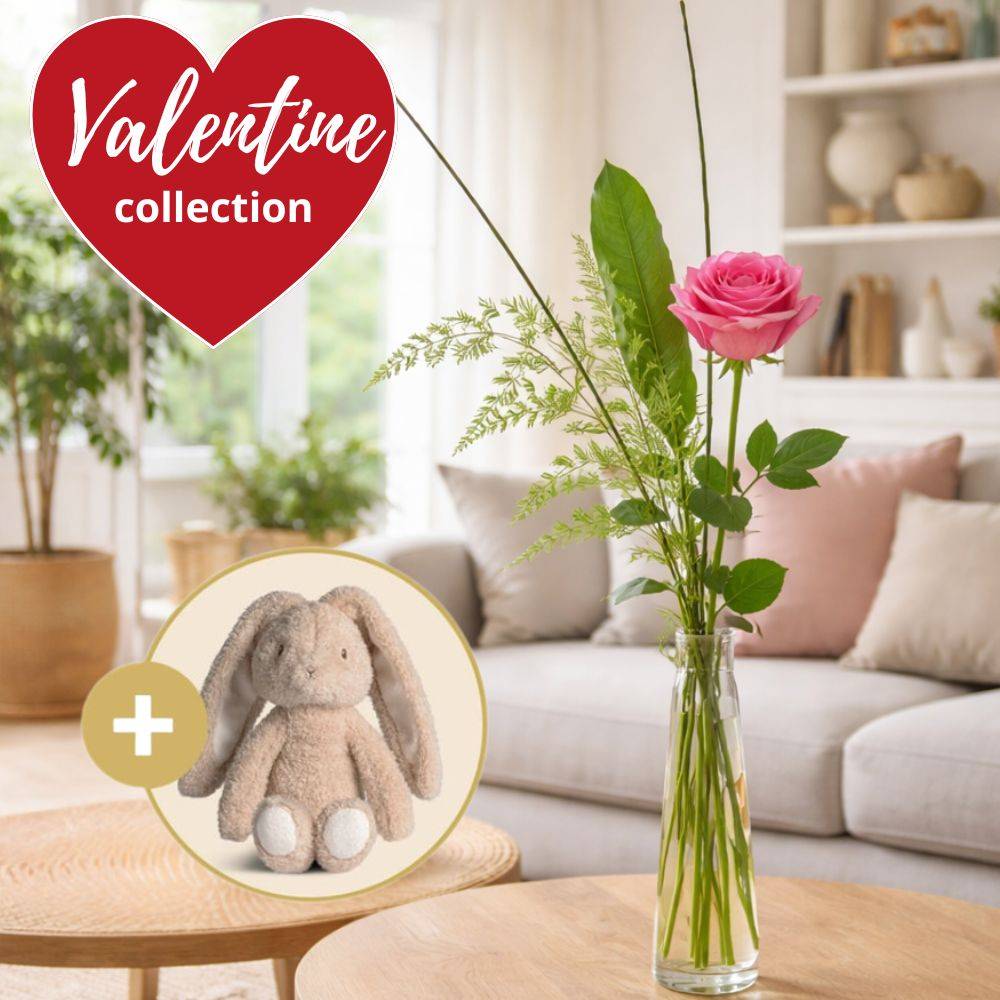 Valentine’s Gift: Single Pink Rose with Bunny (small (1 Pink Rose))