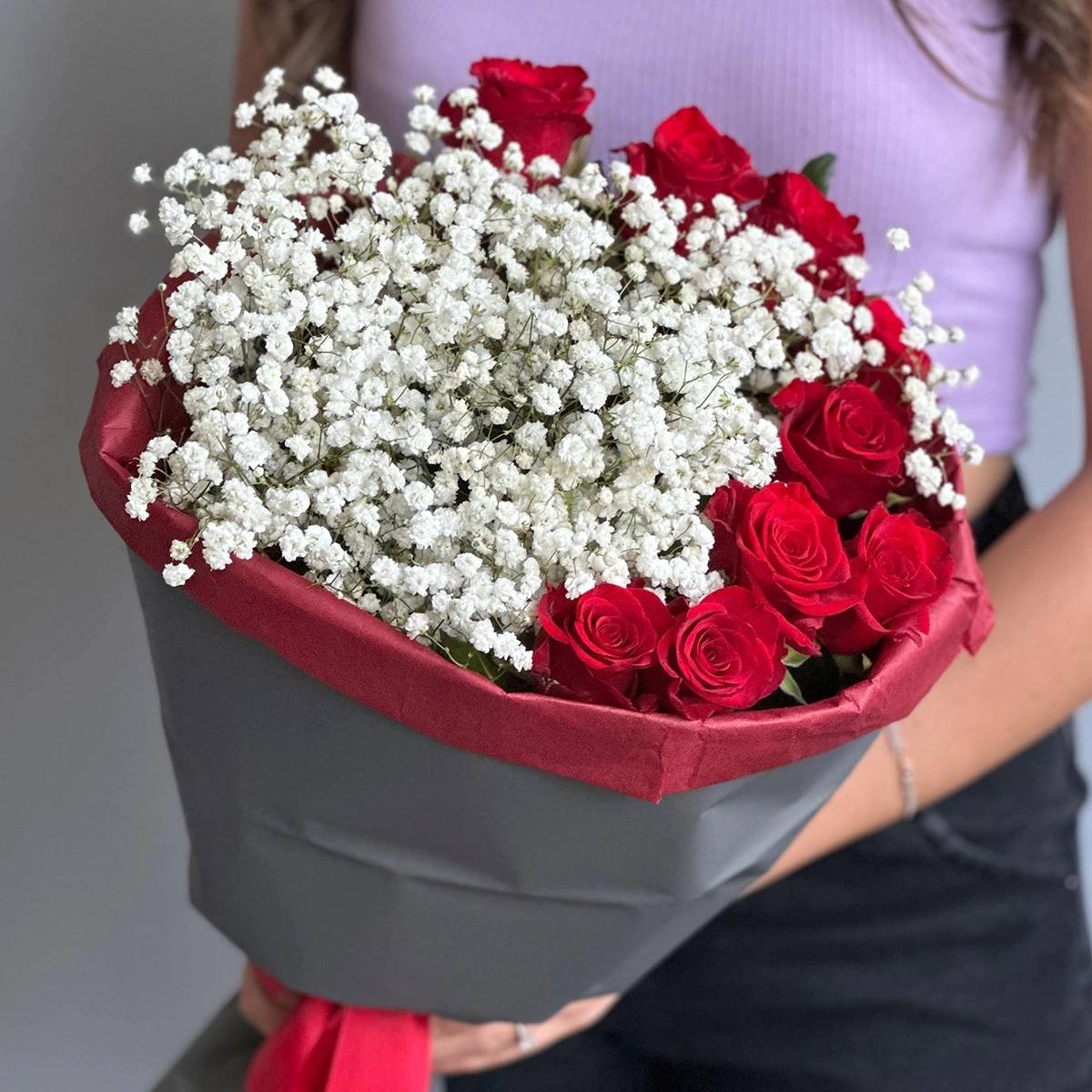 9 Red Roses with Gypsophila