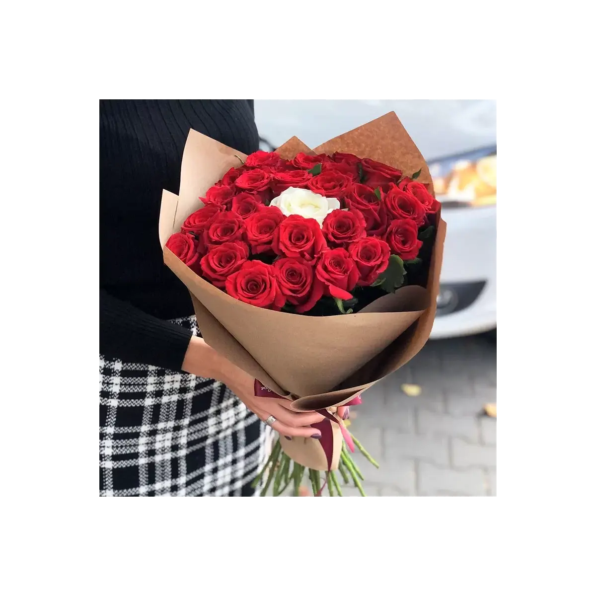 Bouquet "25 Red Roses and 1 White in Craft"