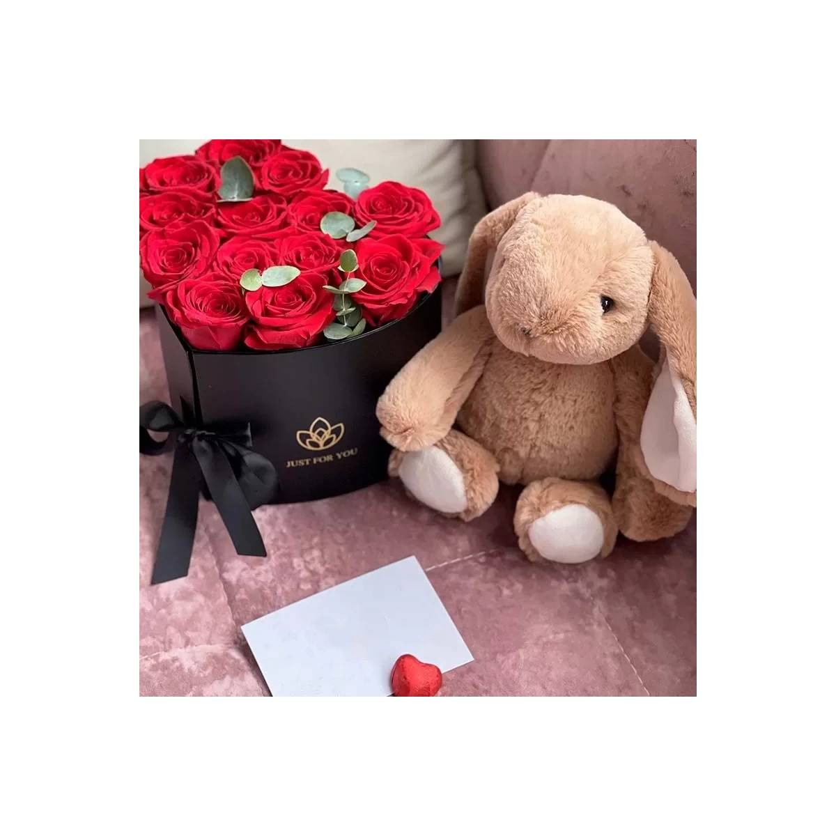 Gift Set: A Heart of Red Rosses & Plush Rabbit