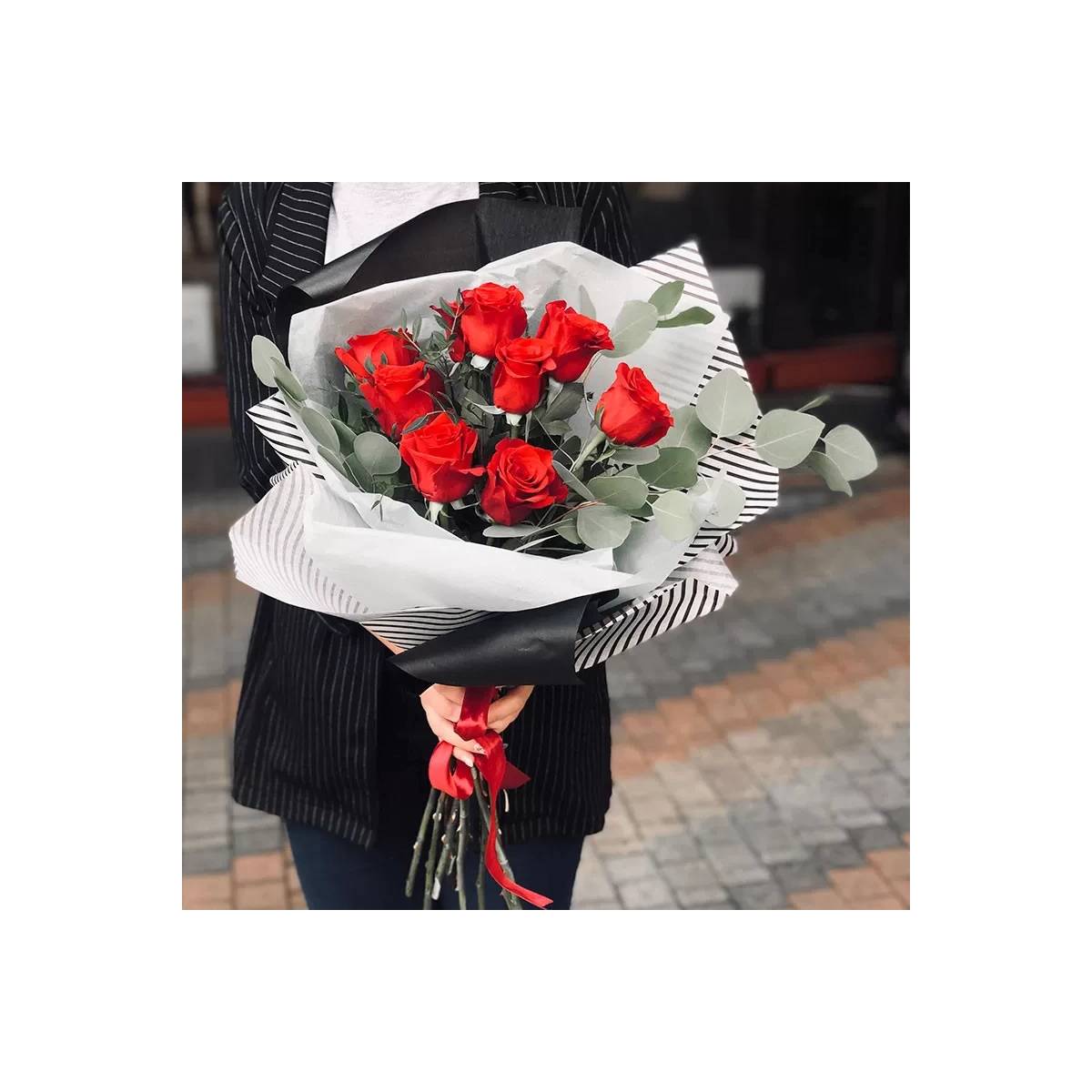 9 Red Roses with Eucalyptus