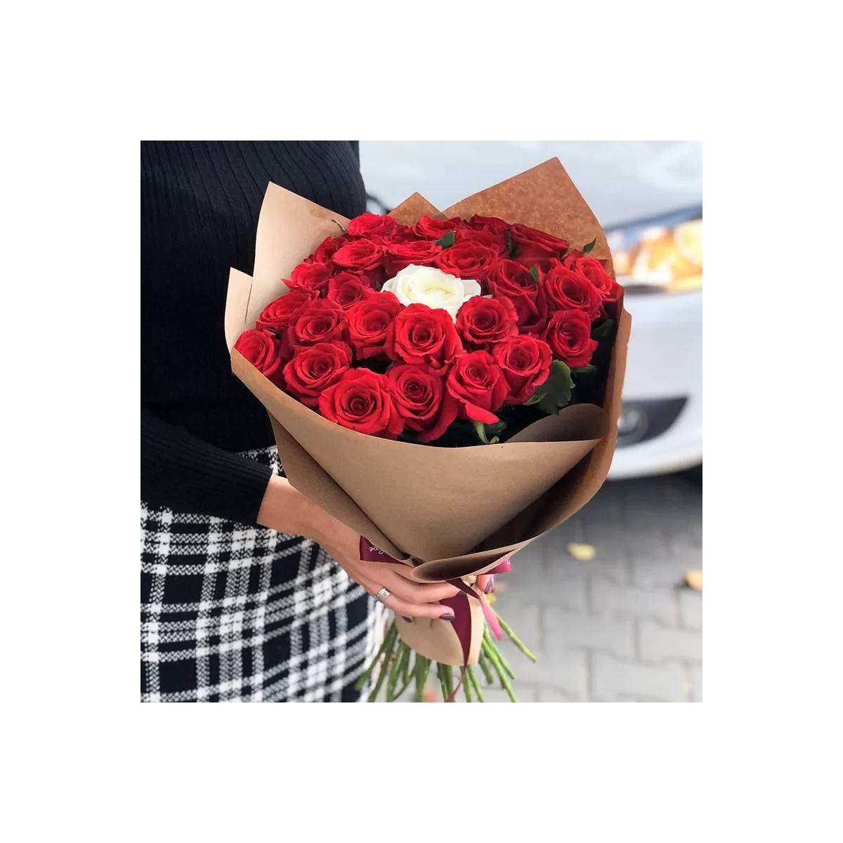 Bouquet "25 Red Roses and 1 White in Craft"