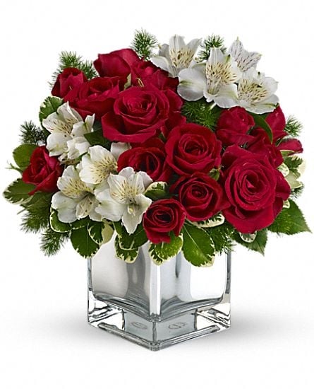 18 Red Roses & White Alstroemeria in glass vase