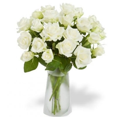 12 White Roses in Glass Vase