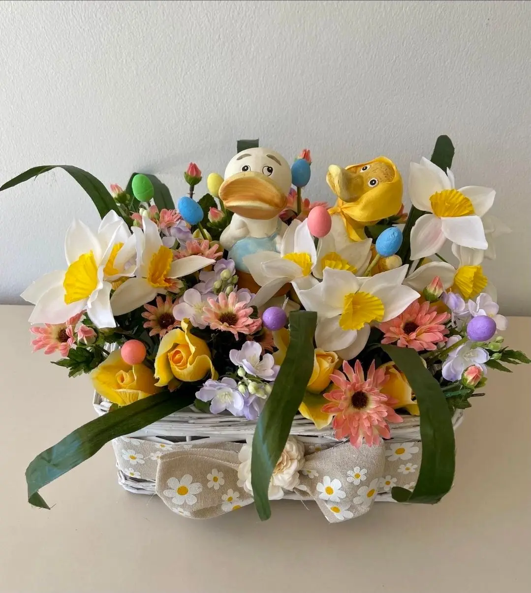 Ducks in a flower field, easter basket, spring flowers