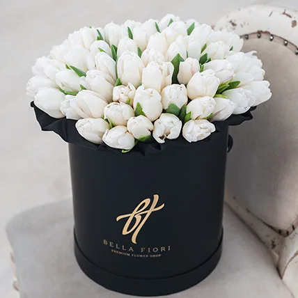 White Tulips in a Round Box