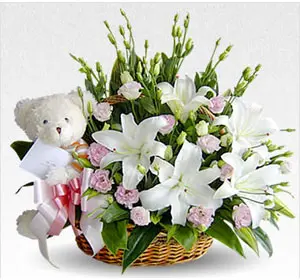 White Flower Basket & Teddy