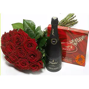 Bouquet of red Roses and gifts