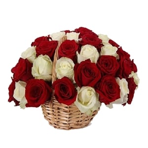 Basket white and red roses