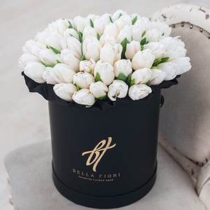 White Tulips in a Round Box