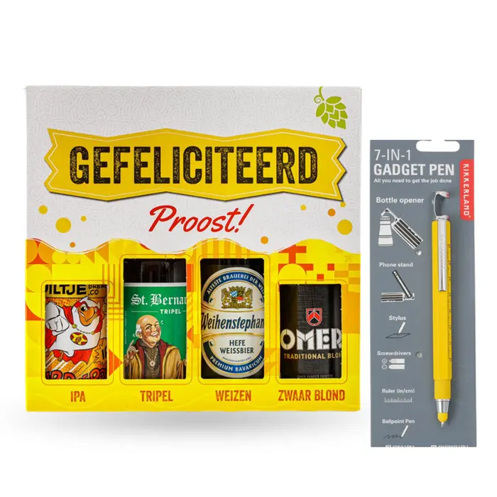 Gefeliciteerd Bierpakket 4x33 cl | 7-in-1 gadget pen