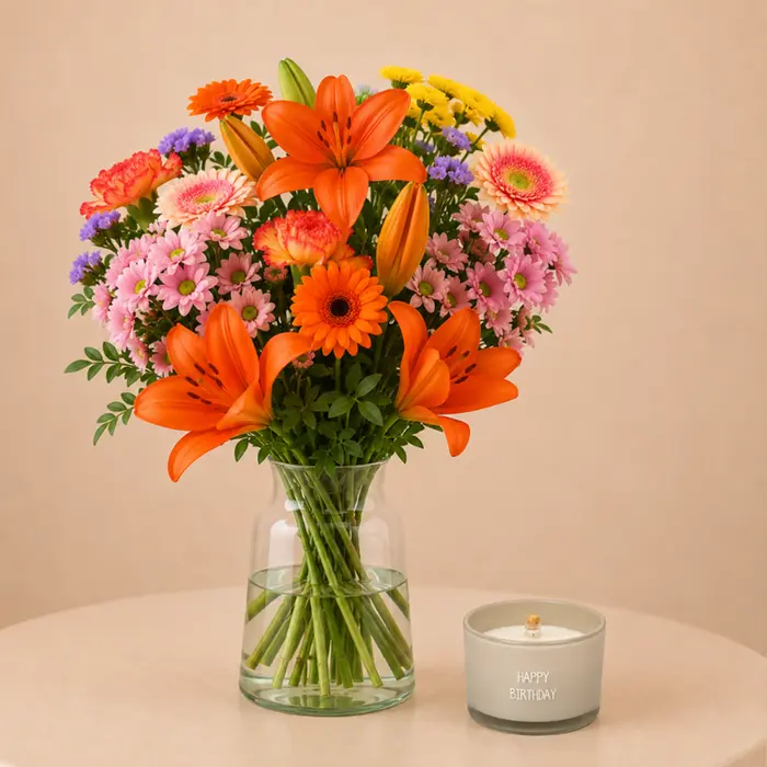 Boeket Seizoensstralen & kaars Happy Birthday
