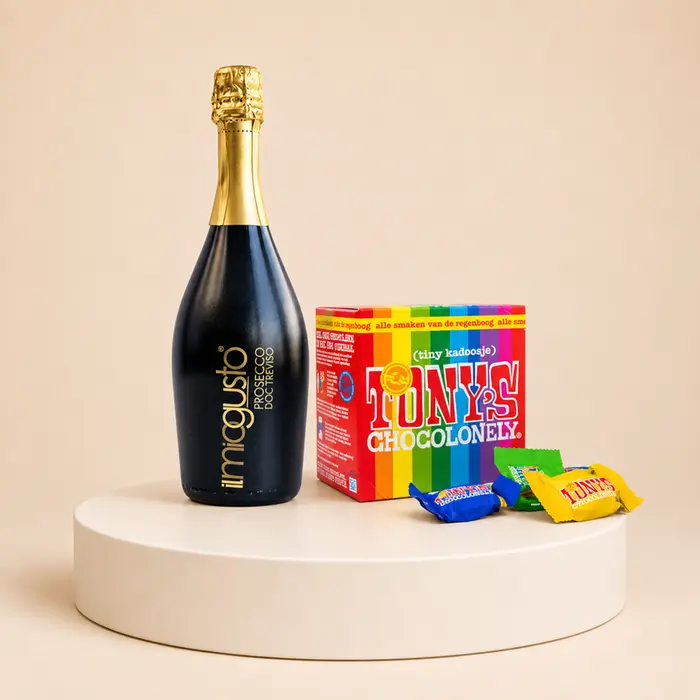 Il Miogusto prosecco 750 ml | Tony's Chocolonely tiny tony's 200g
