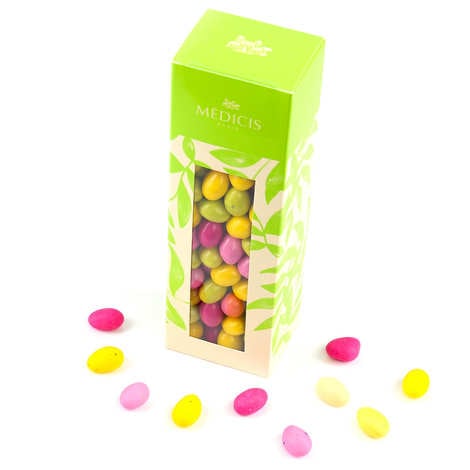 Small multi-colored eggs in dark and milk chocolate (170g sliding case)