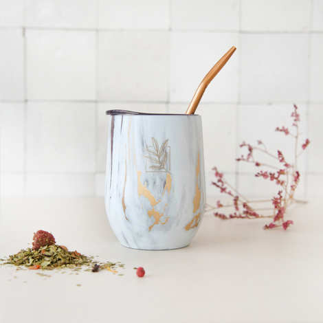 Calabash and bombilla for mate - Stainless steel and isothermal - Marble & gold