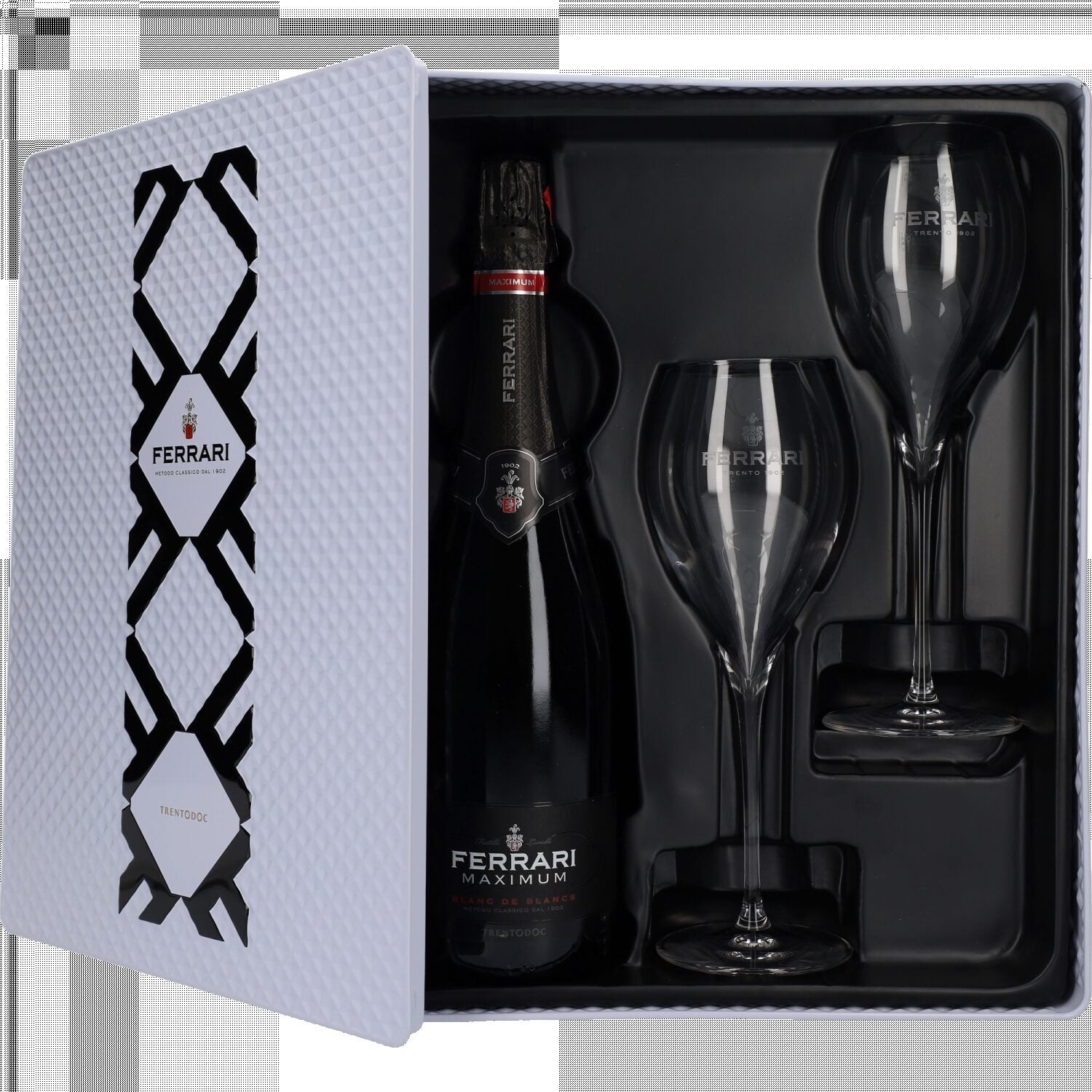 Ferrari White Tin Giftbox met Maximum Brut en 2 Ferrari Flutes