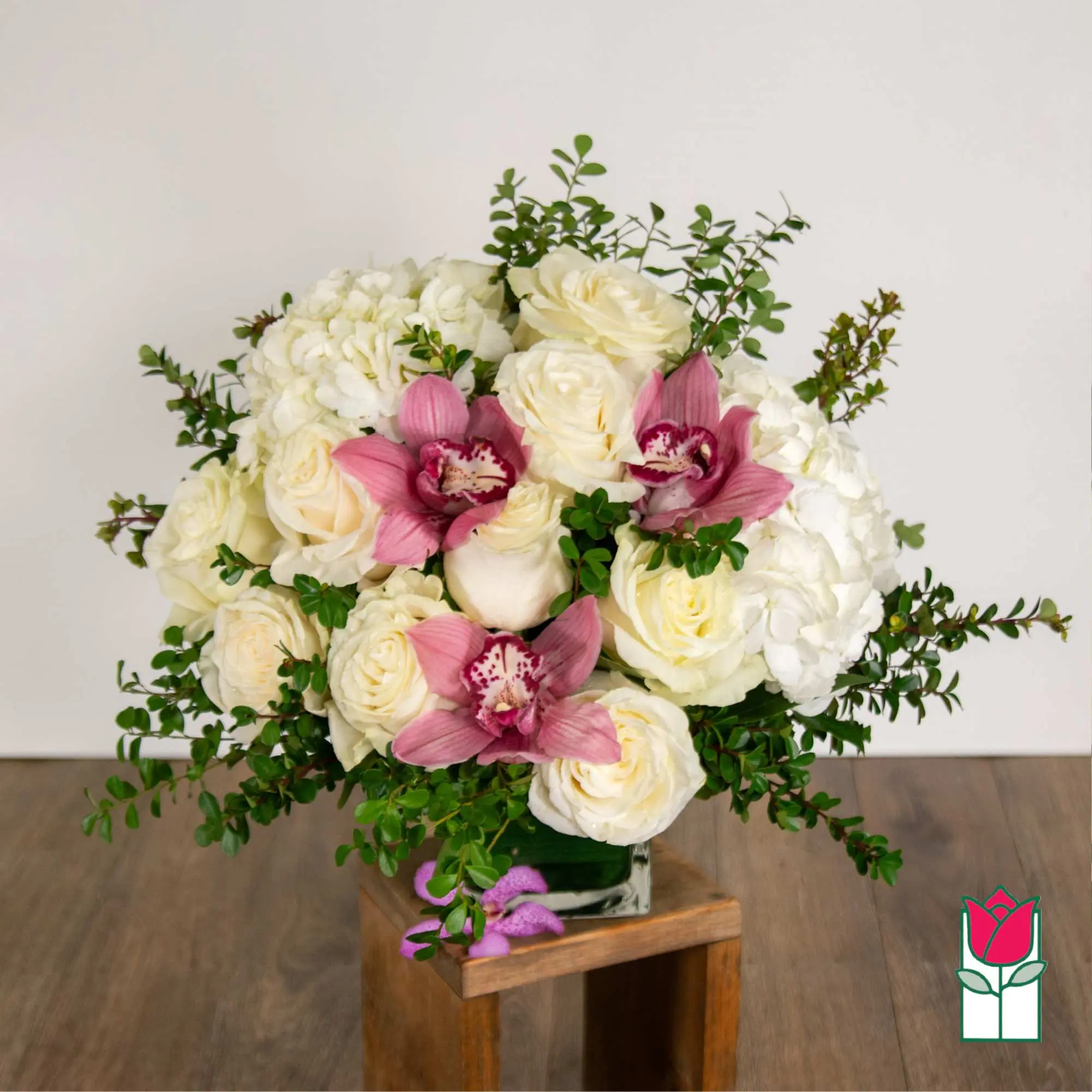 Beretania's Olivia Bouquet (White Rose & Pink Cymbidium) [Hue Varies]