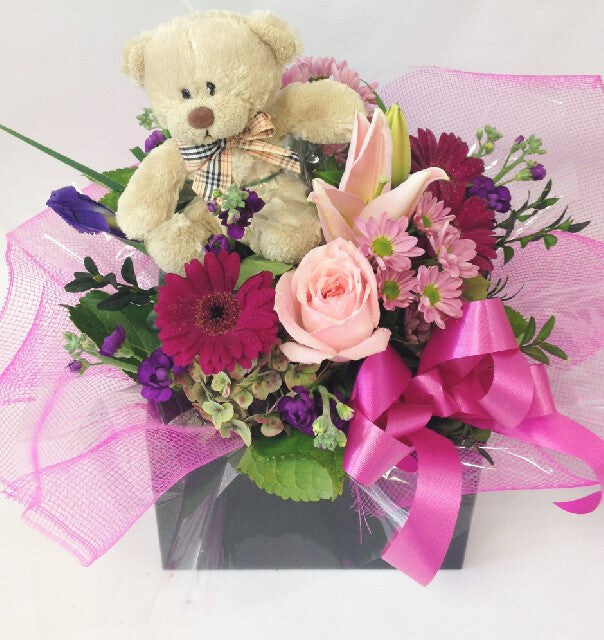 Teddy Bear & Flowers in Square Water Box (Small)