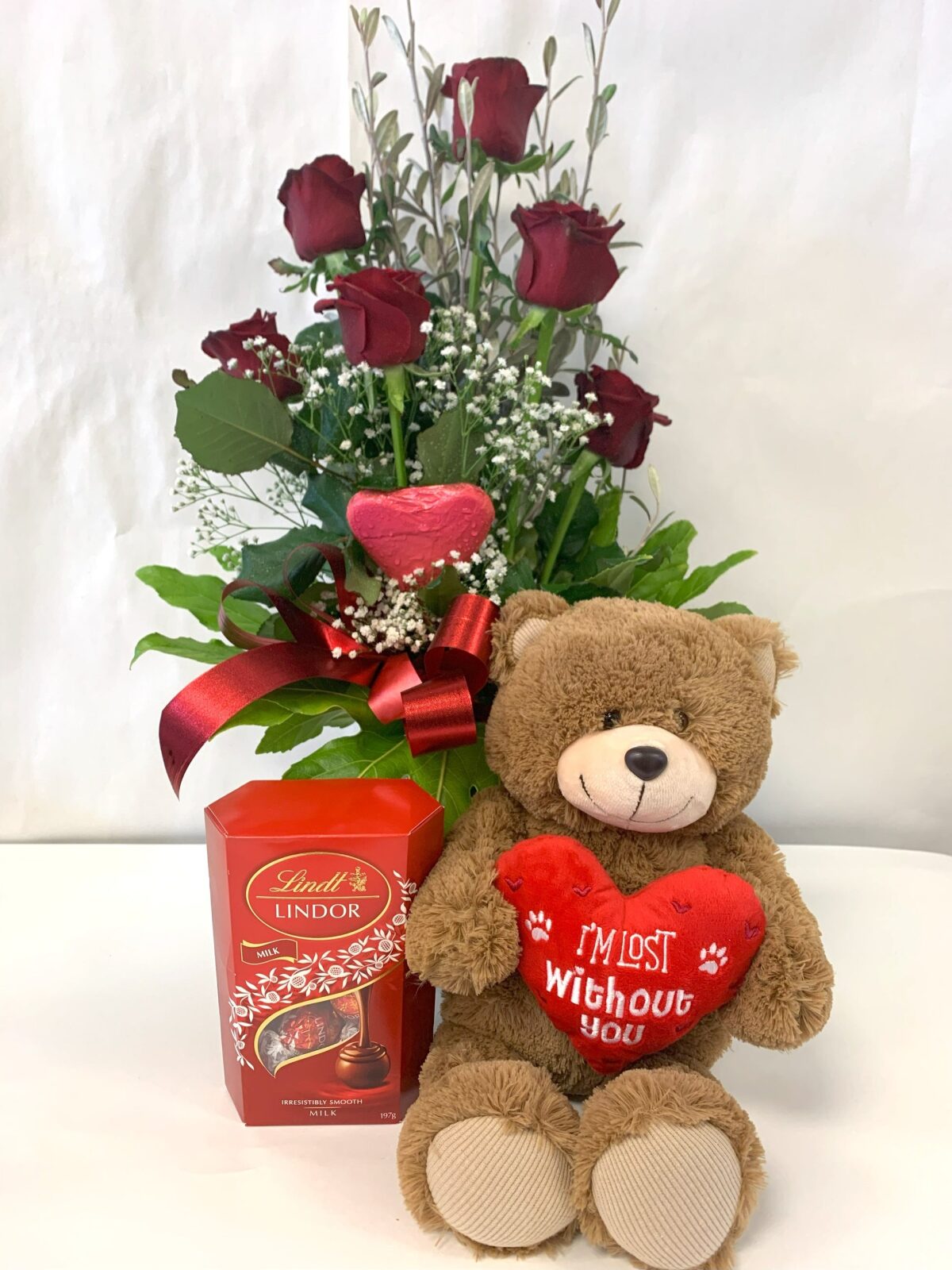 Valentines Lovers Gift (Six Red Roses in a vase with heart teddy and chocolates)
