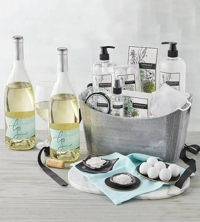 White Tea Spa Basket with Wine