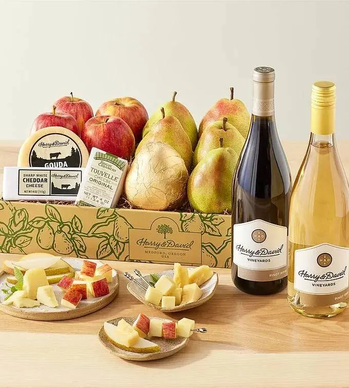 Deluxe Pears, Apples, and Cheese Gift with Wine - 2 Bottles