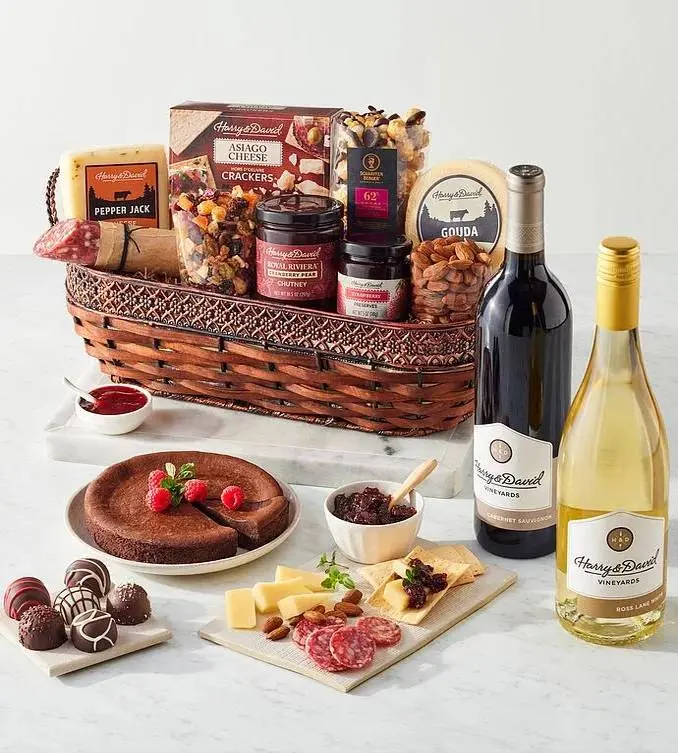 Gourmet Specialty Snacks Basket with Wine - 2 Bottles