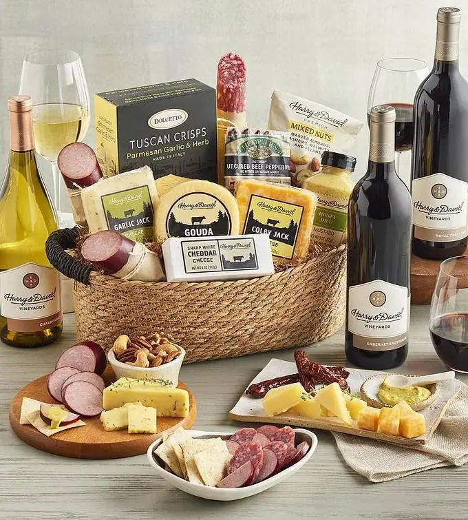Deluxe Meat and Cheese Gift Basket with Wine - 3 Bottles