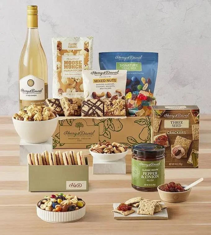Harry & David Deluxe Gift Box with Sweet and Salty Treats and White Wine