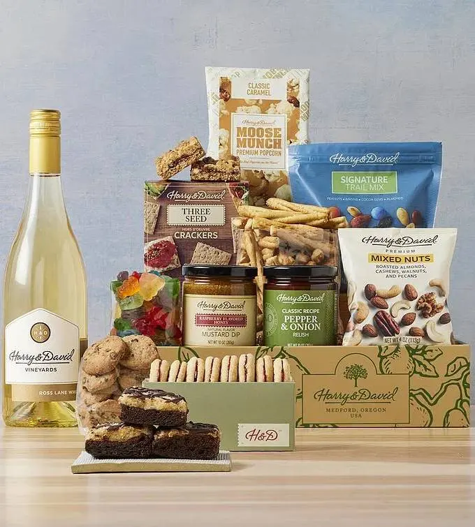 Harry & David Grand Gift Box with Sweet and Salty Treats and White Wine