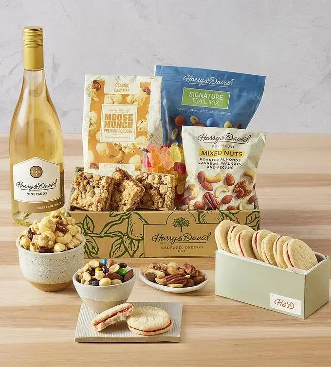 Harry & David Classic Gift Box with Sweet and Salty Treats and White Wine