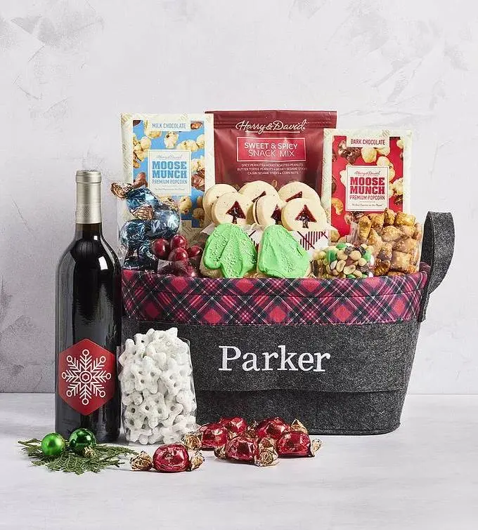 Personalized Christmas Gift Basket with Wine