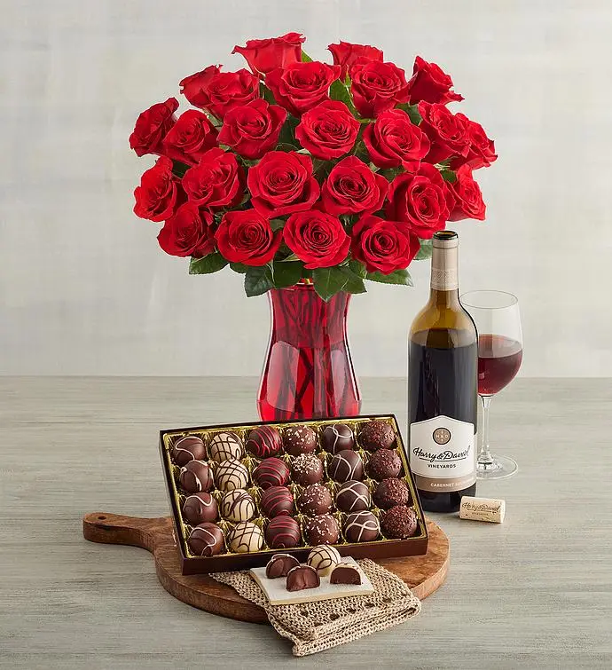 Two Dozen Red Roses, Chocolate Truffles, and Wine