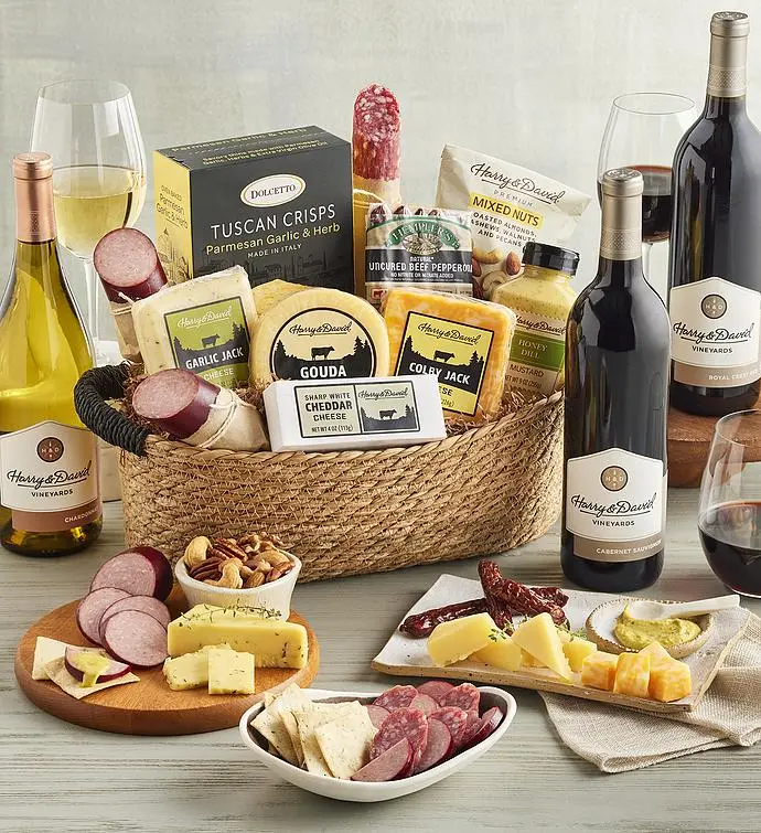 Deluxe Meat and Cheese Gift Basket with Wine - 3 Bottles