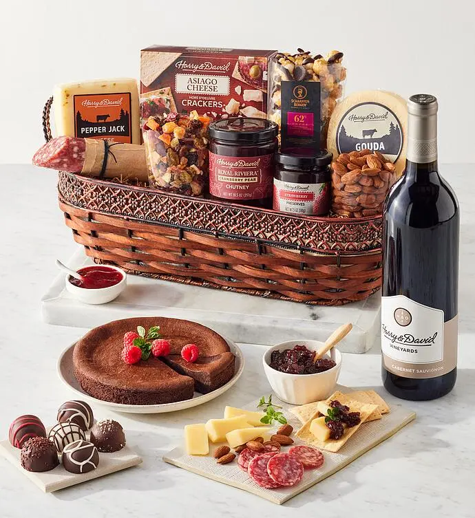 Gourmet Specialty Snacks Basket with Wine