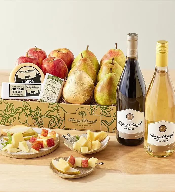 Deluxe Pears, Apples, and Cheese Gift with Wine - 2 Bottles