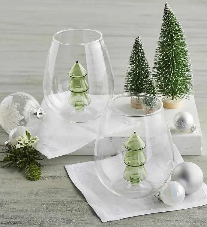 Holiday Stemless Wine Glasses with Blown-Glass Tree - Set of 2