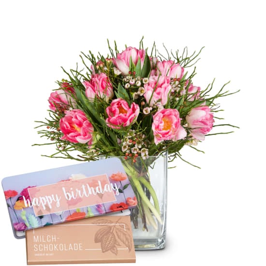 Flower bouquet «Delicate spring composition» with Munz bar of chocolate «Happy Birthday» (Minimum)